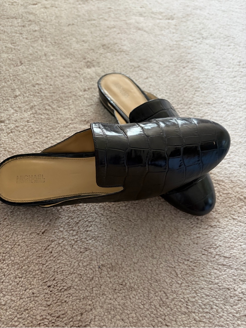 Michael Kors Black Croc-Embossed Leather Backless Loafers